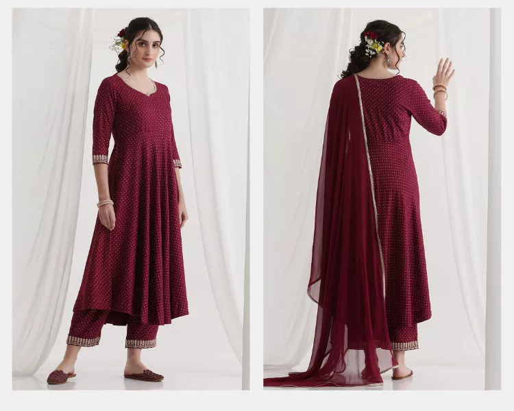 Women Maroon Ethnic Kurta Set  - Summer Clothing Pakistan 评论和价格